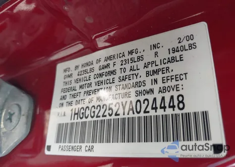 2000 Honda Accord 3.0 Ex z USA, uszkodzony, nr VIN 1HGCG2252YA024448